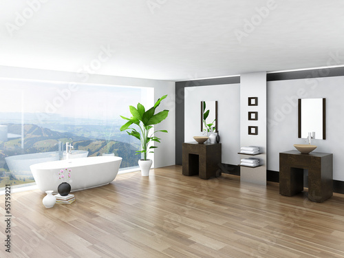 Illustration: Modern white bathroom interior with huge windows and scenic view Modern white bathroom interior with huge windows and scenic view