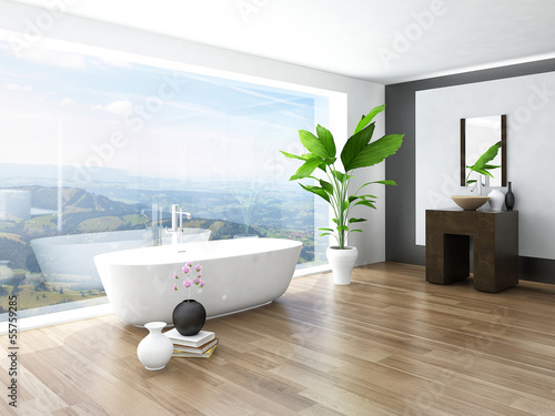 Illustration: Modern white bathroom interior with huge windows and scenic view Modern white bathroom interior with huge windows and scenic view
