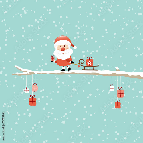 Vector: Santa Pulling Sleigh With Gift On Tree Retro Santa Pulling Sleigh With Gift On Tree Retro