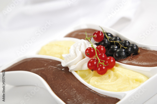 Photo: Schokolade und Vanille-Pudding mit Johannisbeeren Schokolade und Vanille-Pudding mit Johannisbeeren