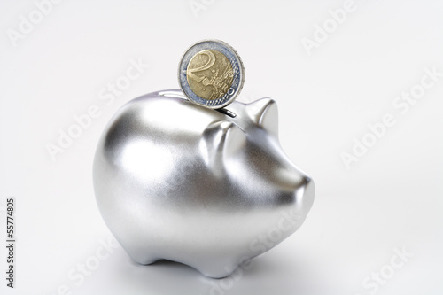 Photo: Euro-Münze, Sparschwein, Nahaufnahme Euro-Münze, Sparschwein, Nahaufnahme