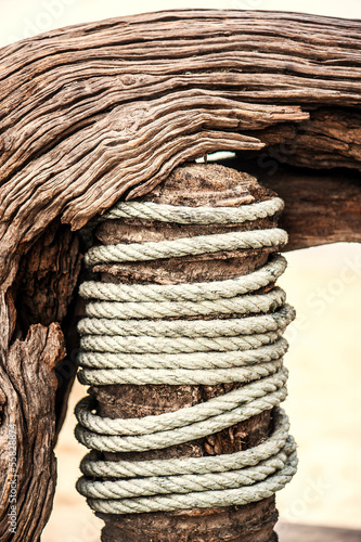 Photo: Ropes on a wooden background Ropes on a wooden background