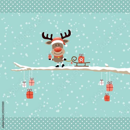 Vector: Rudolph Pulling Sleigh With Gift On Tree Retro Dots Rudolph Pulling Sleigh With Gift On Tree Retro Dots