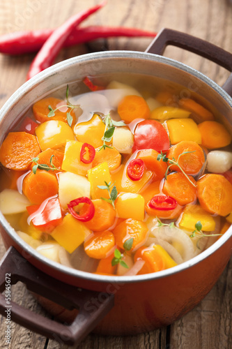 Photo: vegetable soup in red pot vegetable soup in red pot