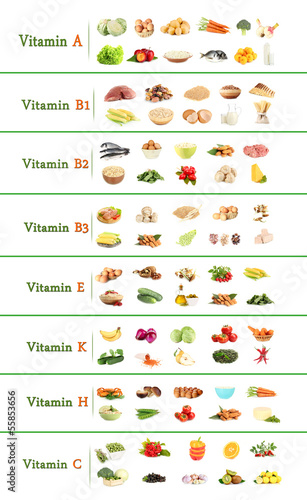 Photo: Collage of various food products containing vitamins Collage of various food products containing vitamins