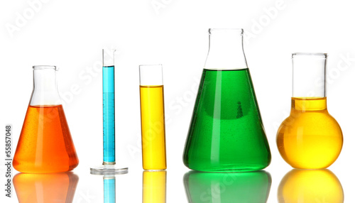Photo: Test tubes with colorful liquids isolated on white Test tubes with colorful liquids isolated on white