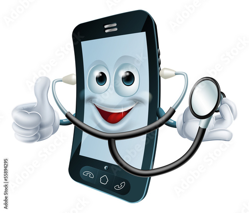 Vector: Cartoon phone character holding a stethoscope Cartoon phone character holding a stethoscope