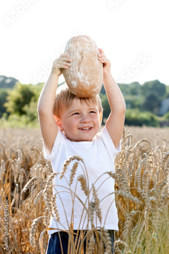 Photo: little boy with the bread over your head in the mature grain little boy with the bread over your head in the mature grain