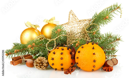 Photo: christmas composition with oranges and fir tree, isolated christmas composition with oranges and fir tree, isolated