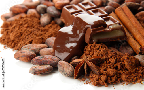 Photo: Composition of chocolate sweets, cocoa and spices, isolated Composition of chocolate sweets, cocoa and spices, isolated