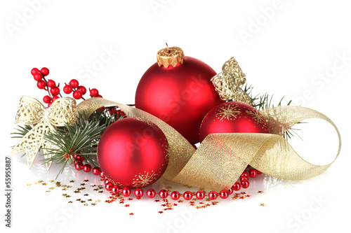 Photo: Christmas ball and green tree on white background Christmas ball and green tree on white background