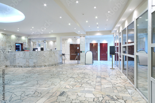Photo: Reception area, glass entrance doors in office building Reception area, glass entrance doors in office building