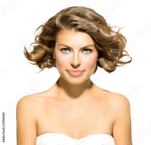 Photo: Beauty Young Woman Portrait over White. Short Curly Hair Beauty Young Woman Portrait over White. Short Curly Hair