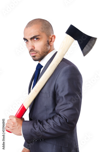 Photo: Funny businessman with axe on white Funny businessman with axe on white