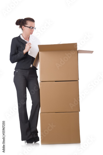 Photo: Woman businesswoman with boxes on white Woman businesswoman with boxes on white
