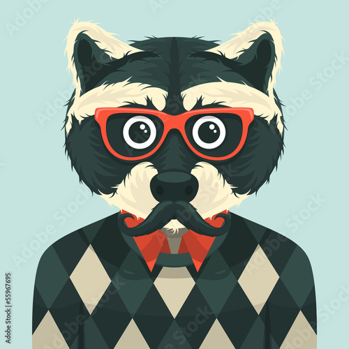  Hipster raccoon. Vector illustration.