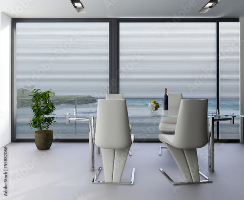 Illustration: Modern luxury dining room with window with panoramic view Modern luxury dining room with window with panoramic view