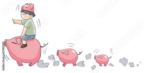 Vector: Piggy boy leading little pigs (set 9) Piggy boy leading little pigs (set 9)