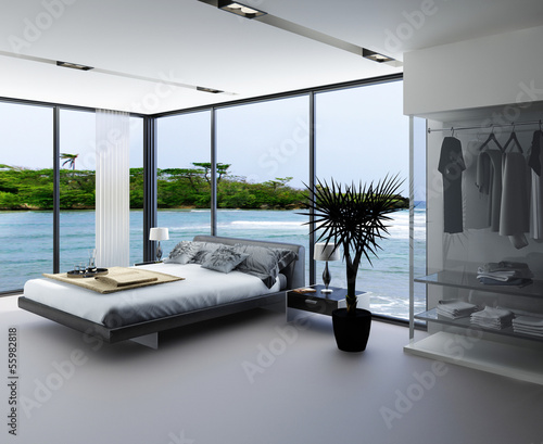 Illustration: Ultramodern bedroom interior with grey bed with panorama window Ultramodern bedroom interior with grey bed with panorama window