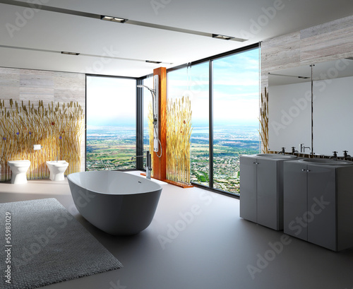 Illustration: Awesome nature style bathroom interior with modern furniture Awesome nature style bathroom interior with modern furniture