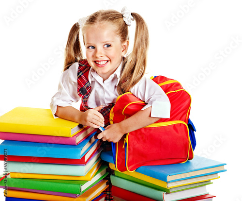 Photo: Child with stack book. Child with stack book.