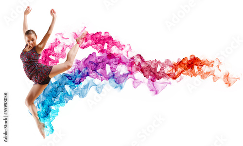 Photo: Girl in color dress dancing.Collage Girl in color dress dancing.Collage