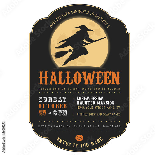 Vector: Vintage Halloween invitation with witch flying on a broom Vintage Halloween invitation with witch flying on a broom