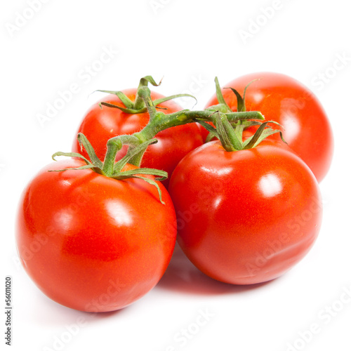 Photo: Closeup of tomatoes on the vine isolated on white. Tomato branch Closeup of tomatoes on the vine isolated on white. Tomato branch