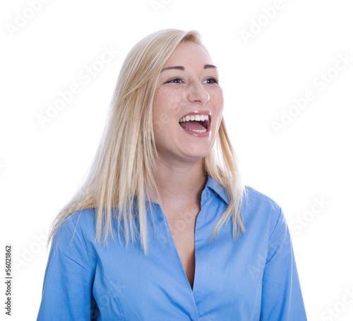 Photo: Lachendes junges Mädchen, blaue Bluse, isoliert, blond Lachendes junges Mädchen, blaue Bluse, isoliert, blond