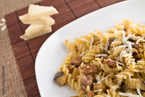 Photo: pasta with sausage, eggplant and cheese pasta with sausage, eggplant and cheese