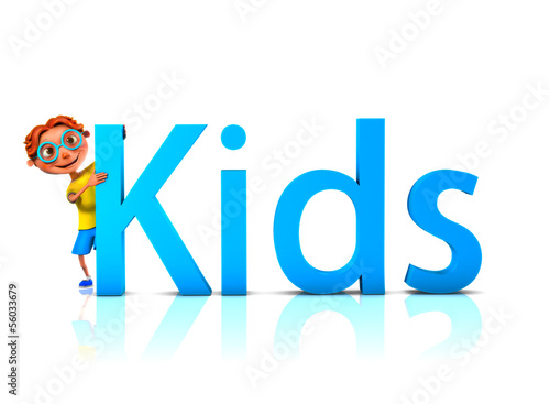 Illustration: Child standing next to a word KIDS Child standing next to a word KIDS
