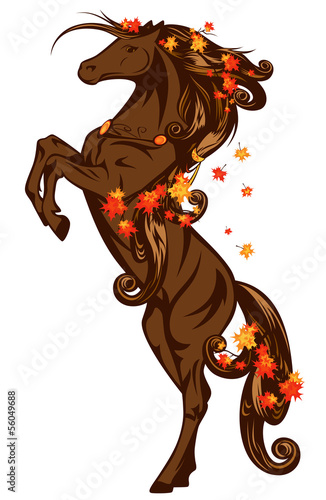 Vector: autumn horse rearing up with maple leaves autumn horse rearing up with maple leaves
