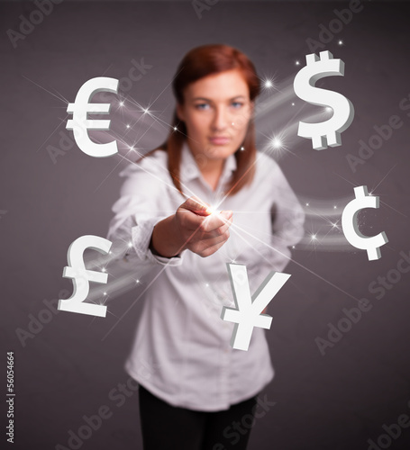 Photo: Young lady throwing currency icons Young lady throwing currency icons