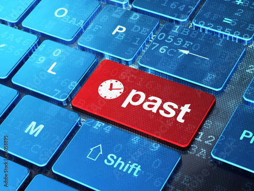 Illustration: Timeline concept: Clock and Past on computer keyboard background Timeline concept: Clock and Past on computer keyboard background