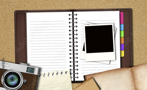 Illustration: Workspace with notebook ,classic camera,instant photos, note pap Workspace with notebook ,classic camera,instant photos, note pap