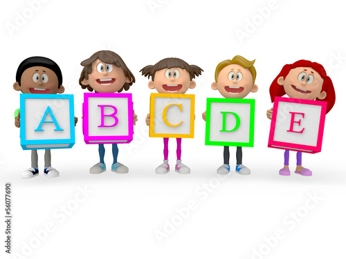 Illustration: 3D kids holding ABC cubes 3D kids holding ABC cubes