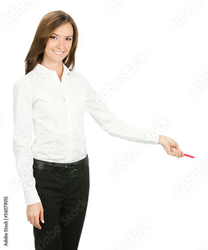 Photo: Businesswoman showing something, isolated Businesswoman showing something, isolated