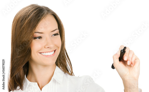 Photo: Businesswoman writing or drawing, isolated Businesswoman writing or drawing, isolated