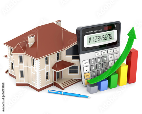 Illustration: house, calculator and pen house, calculator and pen