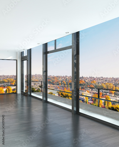 Illustration: Empty white room with large windows and scenic view. Empty white room with large windows and scenic view.