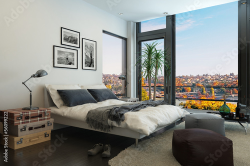 Illustration: Modern bedroom interior with huge windows and vintage furniture Modern bedroom interior with huge windows and vintage furniture