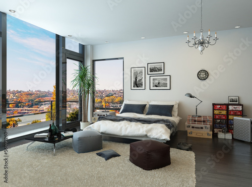 Illustration: Modern bedroom interior with huge windows and vintage furniture Modern bedroom interior with huge windows and vintage furniture