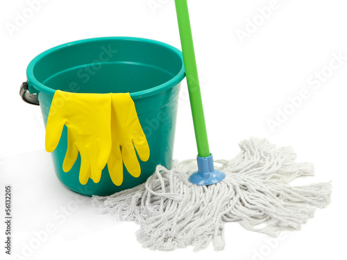 Photo: Mop, plastic bucket and rubber gloves, isolated on white Mop, plastic bucket and rubber gloves, isolated on white