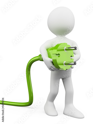 Illustration: 3D white people. Green plug 3D white people. Green plug