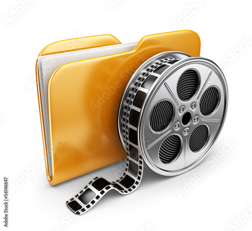 Illustration: Movie folder with a films spool. 3D Icon isolated on white Movie folder with a films spool. 3D Icon isolated on white