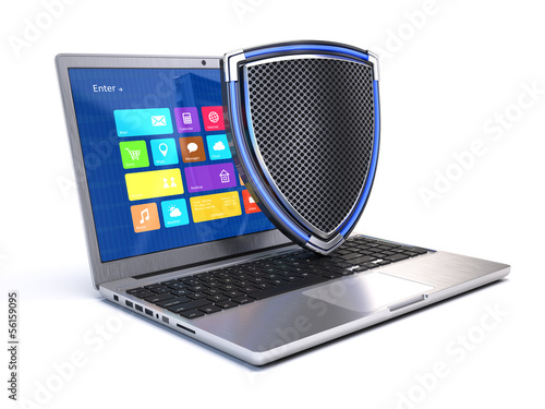 Illustration: Laptop with shield - security concept Laptop with shield - security concept