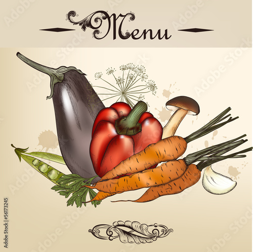 Vector: Menu design with hand drawn vegetables in vintage style Menu design with hand drawn vegetables in vintage style