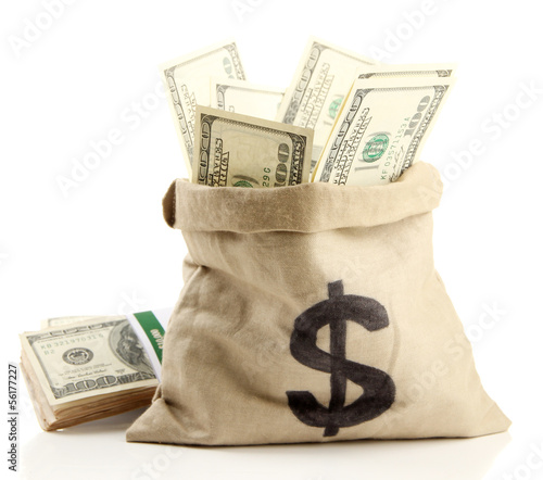 Photo: Money in bag isolated on white Money in bag isolated on white