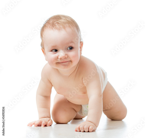 Photo: funny crawling baby boy isolated on white background funny crawling baby boy isolated on white background