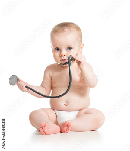 Photo: cute baby girl with stethoscope in hands cute baby girl with stethoscope in hands